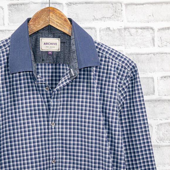 TED BAKER Archive Men's Button up Shirt in blue check Size 16 - Picture 2 of 5